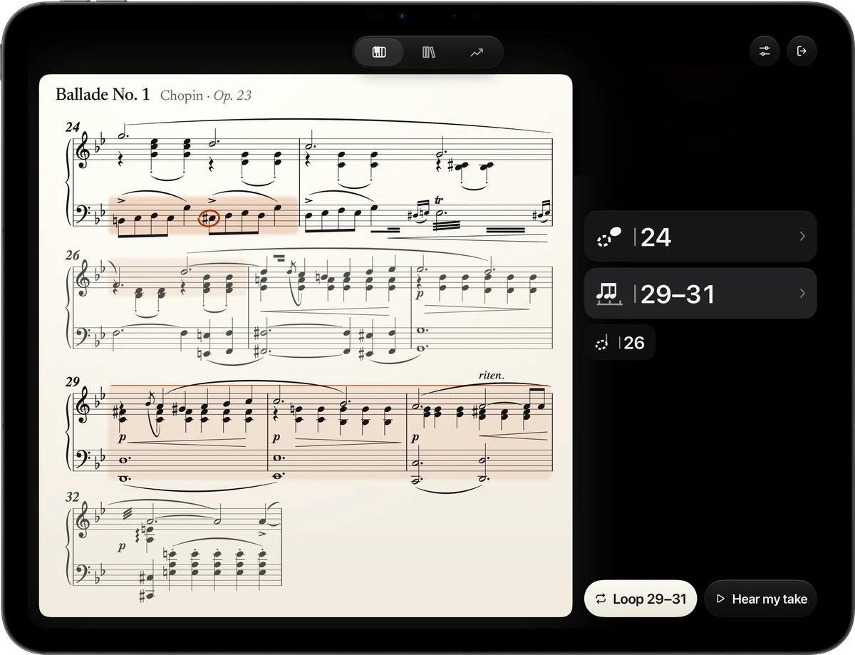 Pianist AI on iPad Pro: the Ballade with bar 24 shaded, the coach’s line of light and its reply, and the bars it found.