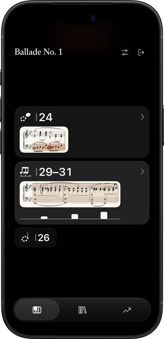 Pianist AI on iPhone 18 Pro: the coach’s reply and the bars it found, each with its picture from the score.